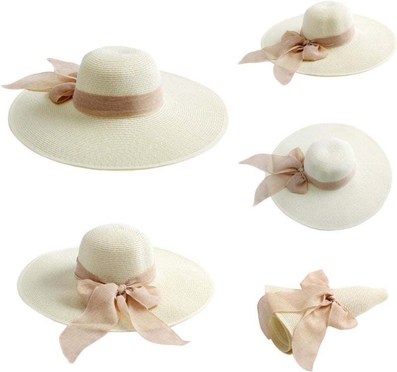 Lanzom Womens 5.7 Inches Big Bowknot Straw Hat Large Floppy Foldable Roll up Beach Cap Sun Hat UPF 50+ - Image 2